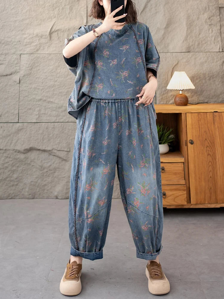 AmaxluluE 2025 Summer Women Denim Suits Loose Printed Two Pieces Sets Floral Outfit O Neck Tops Tees Vintage Jeans Fashion Pants