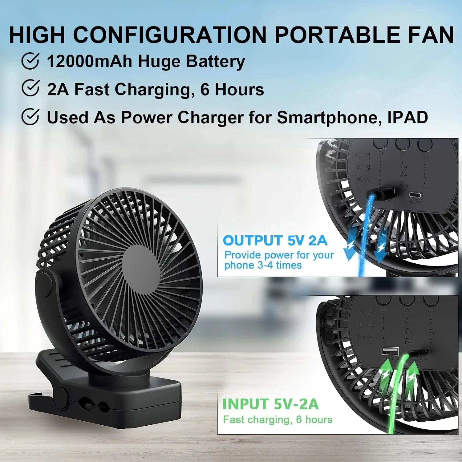Remote Control Mini Desk Fan USB Rechargeable 12000mAh Large Battery Portable Outdoor Camping Clip Fan with LED Night Light