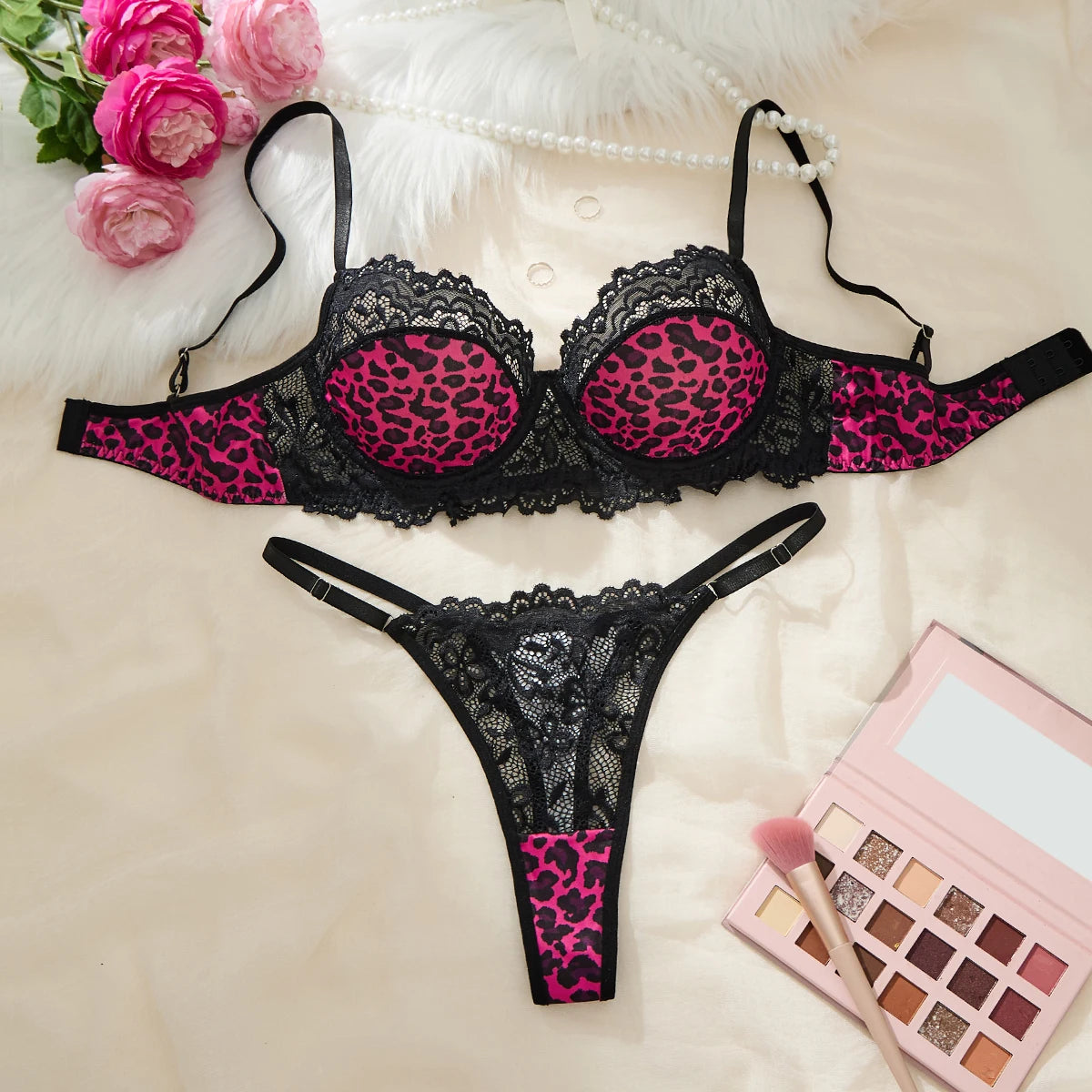 Hot Pink Leopard Print Lace Lingerie Set Underwire Bra With Matching Thong Women Sexy Intimates ZA825182