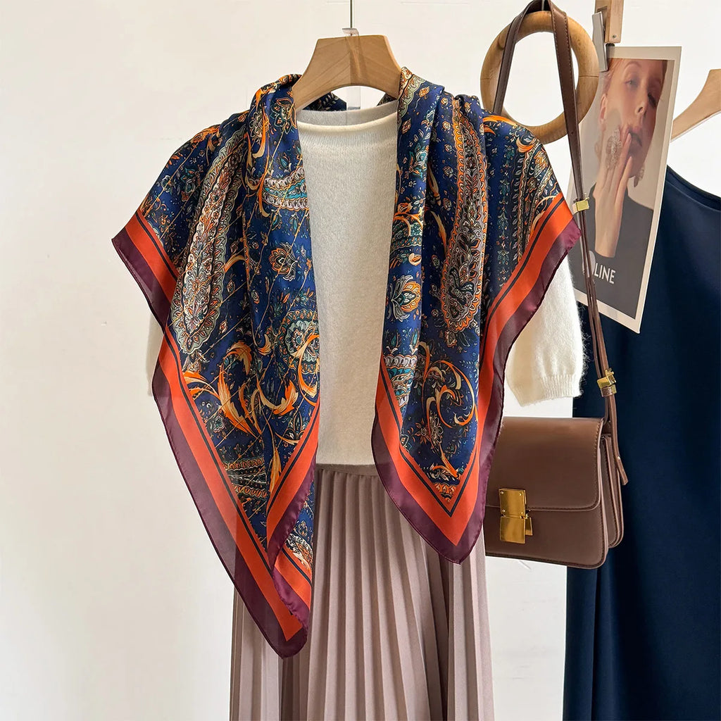 Neues 90cm quadratisches Tuch Retro Cashew Blumenmuster Seidenschals Damen Foulard Kopftuch Sommer Schal Hijab Bandana Halstuch