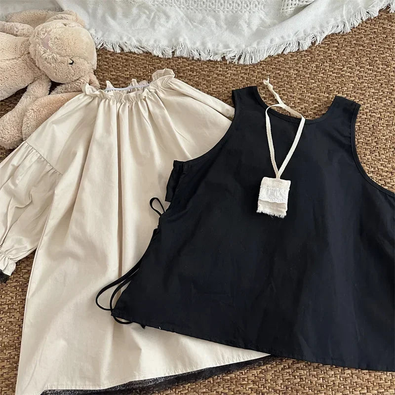 4768 Children Dress Set Spring Autumn New Retro Girl's Dress Lace Skirt 2-piece Set