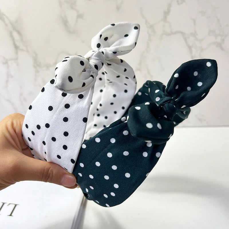 Chic Polk Dots Print Headband with Bunny Bowknot for Women Girls Daily Use Head Wears