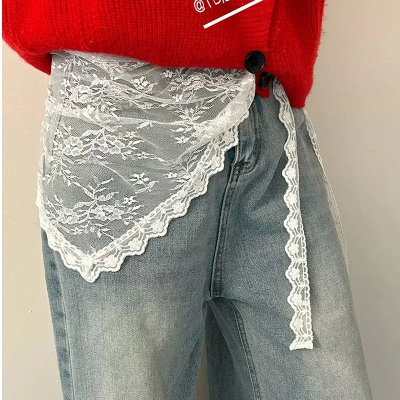 Lace Trim Bandana Triangle Scarf Delicate Ins Ruffled Lace Hair Scarf 2-in-1 Head Band Waist Accessory for Y2K Outfits Headscarf