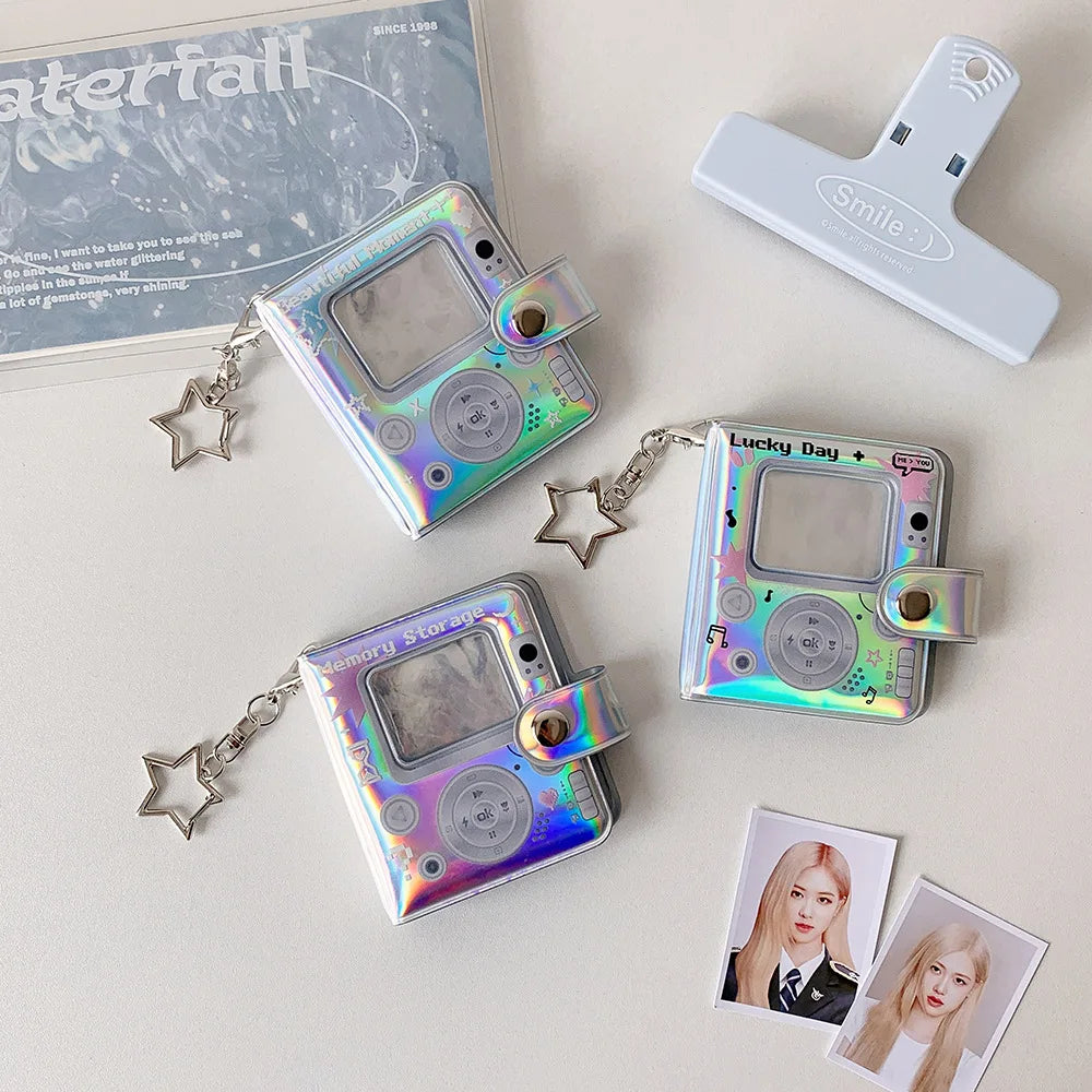 32 Pockets 16 Pages Laser Color Photo Album for 1.4x2.1 Inch Mini Photo Name Card K-pop Star Photocard Album with Keychain