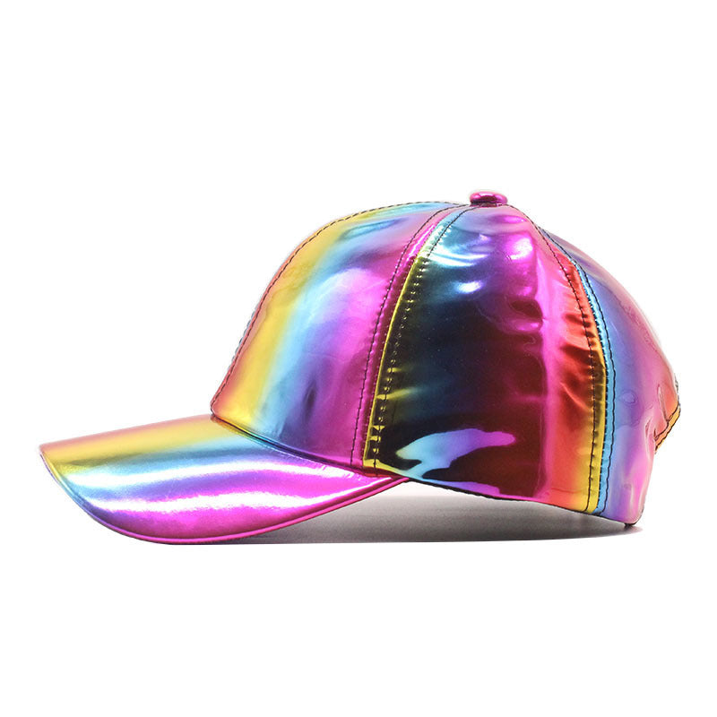 Rainbow Holographic Baseball Cap Shiny PU Leather Snapback Hat for Men Women Hip Hop Street Dance Party Cap