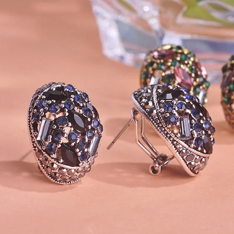 Blucome Vintage Stud Earrings For Women Girls French Hooks Max Brincos Ouro Joias Full Crystal Turkish Jewelry Retro Pendientes