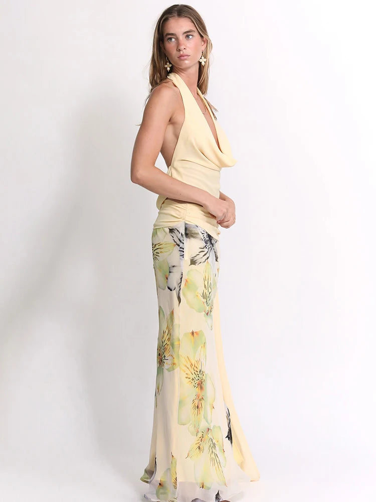 Nibber Temperament Frauen 3-teiliges Set Stapel-Trend Neckholder-Tops + geteilte Quasten-Hose + Blumen-Netzröcke Passende Urlaubskleidung