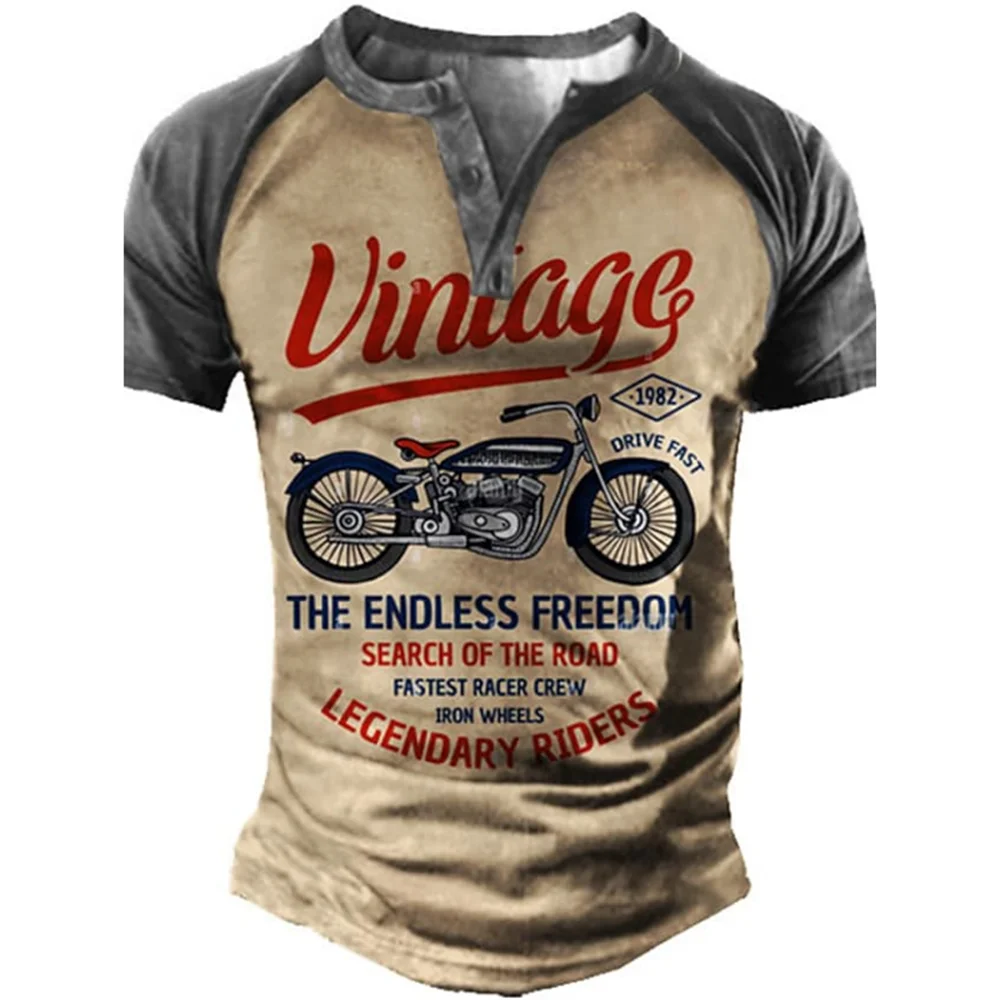 Vintage Henley Shirts Motorcycle 3D Printed Men's Fashion Streetwear Oversized Short Sleeve T-Shirts Men Tees Tops Clothing