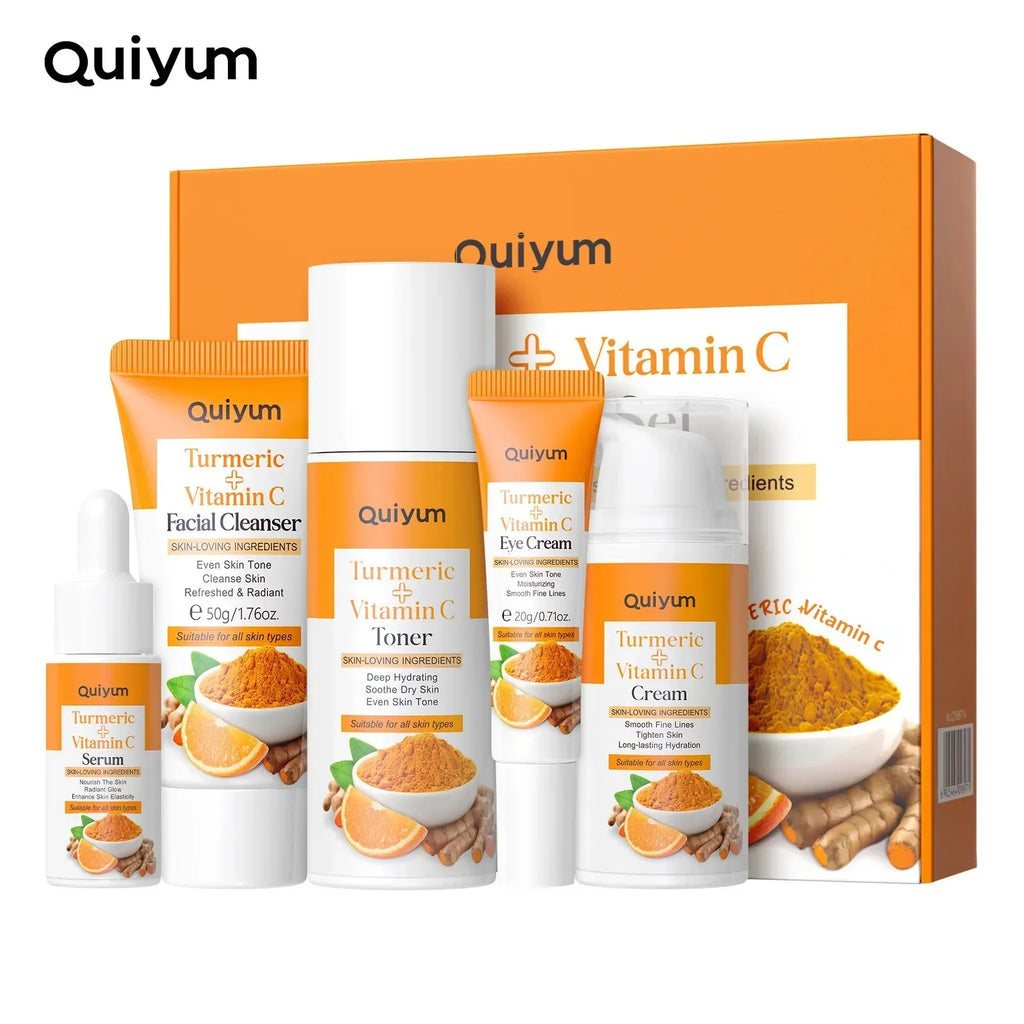 Vitamin C Kurkuma Gesichts-Set feuchtigkeitsspendend, straffend, 5-teiliges Set: Gesichtsreiniger, Toner, Essenz, Augenbehandlung, Feuchtigkeitspflege, Hautpflege