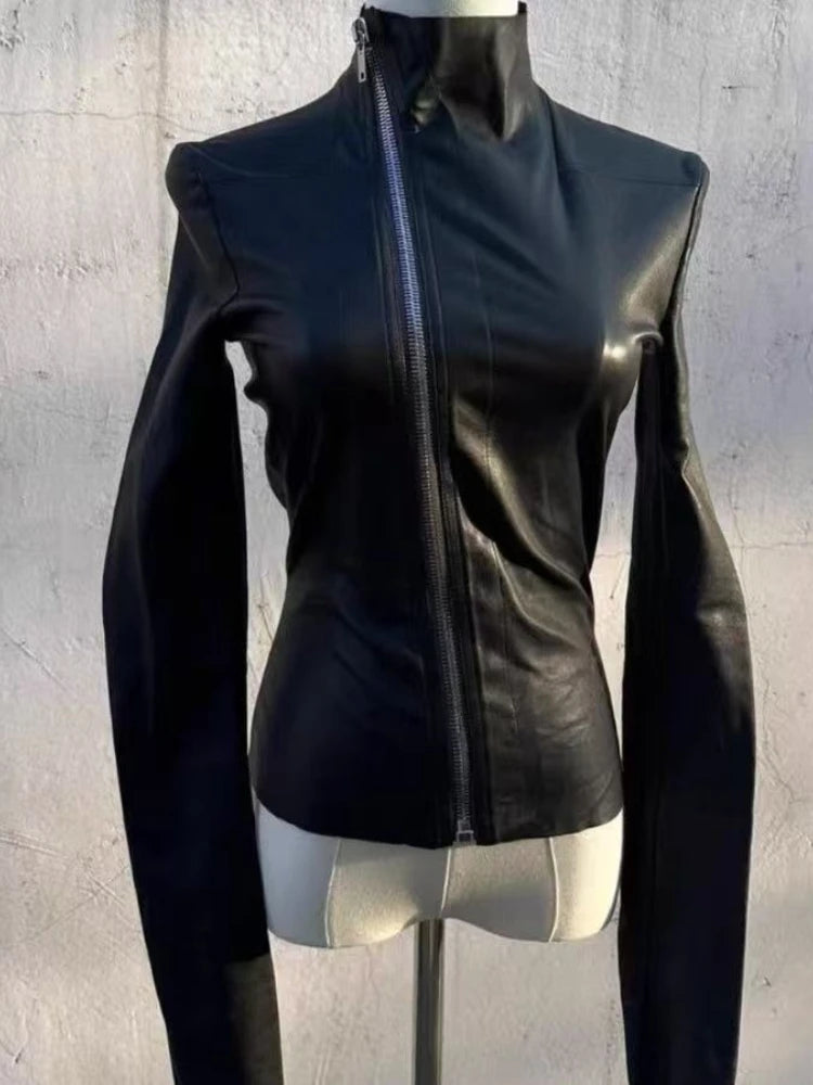 Vintage Gothic Leather Jacket Women Black Slim Zip Up Long Sleeve Tight Crop Coat Y2K Hot Girl Punk Streetwear Fashion Clothes