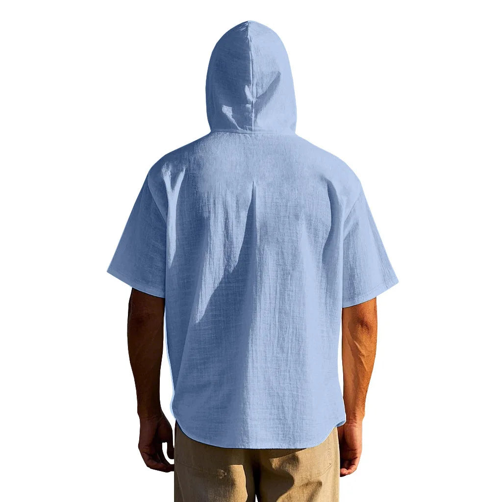 American Summer Men's Thin Breathable Linen Ami Kaji Loose Hooded Short-sleeved Shirt Men