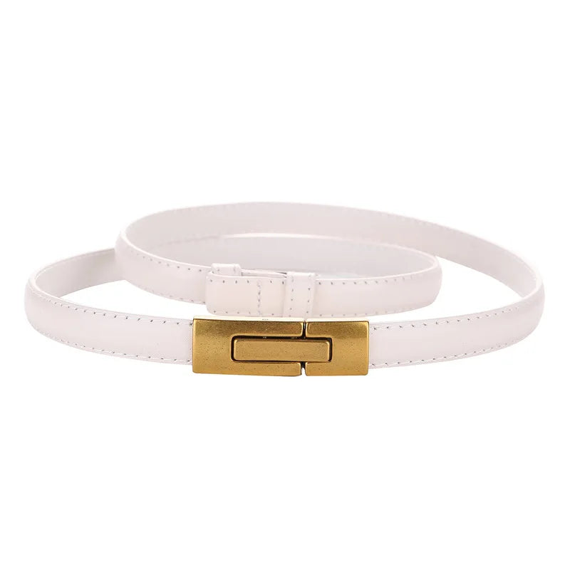 Women Skinny Genuine Leather Slim Belt Adjustable Alloy Buckle Waist Belt for Dress