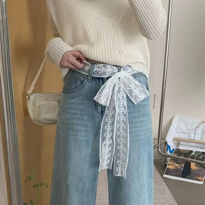 Women's Lace Belt Long Waistband in Black and White Waist Band for Woman Fashion Tie Up Lace Belt for Dress Jeans Decoration