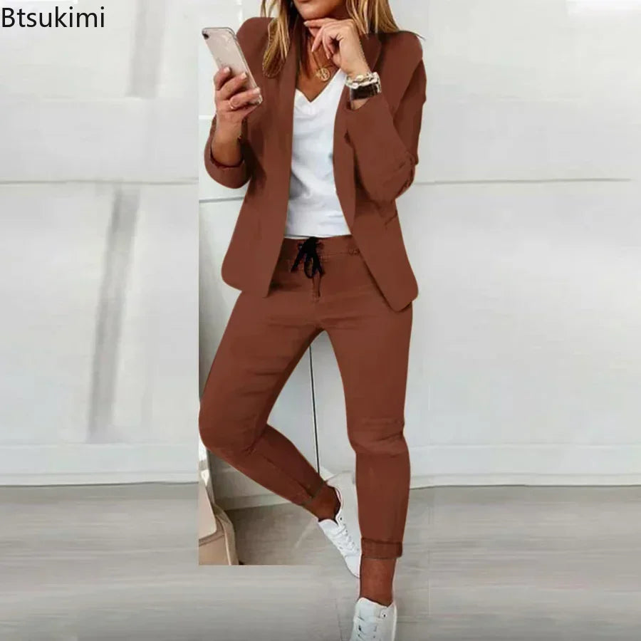Traje de oficina formal de dos piezas para mujer 2026, conjunto de blazer y pantalón ajustado con bolsillo, solapa, conjuntos de oficina para mujer, chándal de 2 piezas