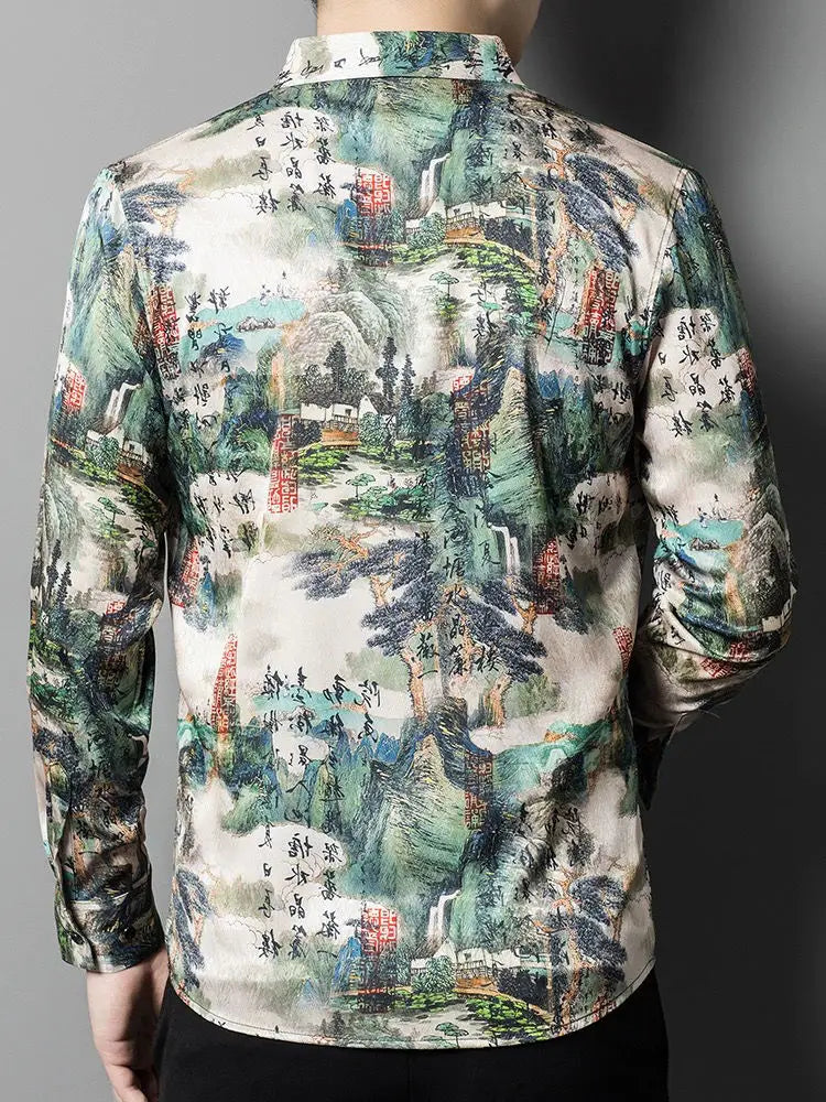 Men's New Long Sleeve National Style Shirt Middle-aged Trendy High-grade Printed China Thin Casual Shirt