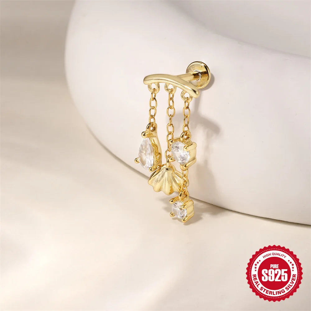 CANNER 1PC Tassel Chain Star Moon 925 Sterling Silver Flat Head Piercing Earring For Woman Ins 14K Gold Plated Dainty Jewelry