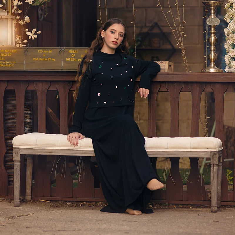 Maxikleid Damen Langarmkleid Blumen und Perlen Oberteil Freizeitkleid Rundhals Schwarz Modal Ripp-Oberteil Größen XS-XXXL