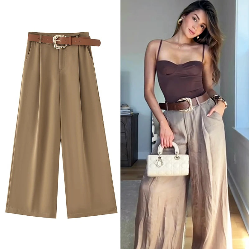 HXAO Elegant Wide Leg Pants 2025 Women's Spring Summer Belt Long Baggy Pants Fashion Casual Y2k Vintage Oversize Trousers
