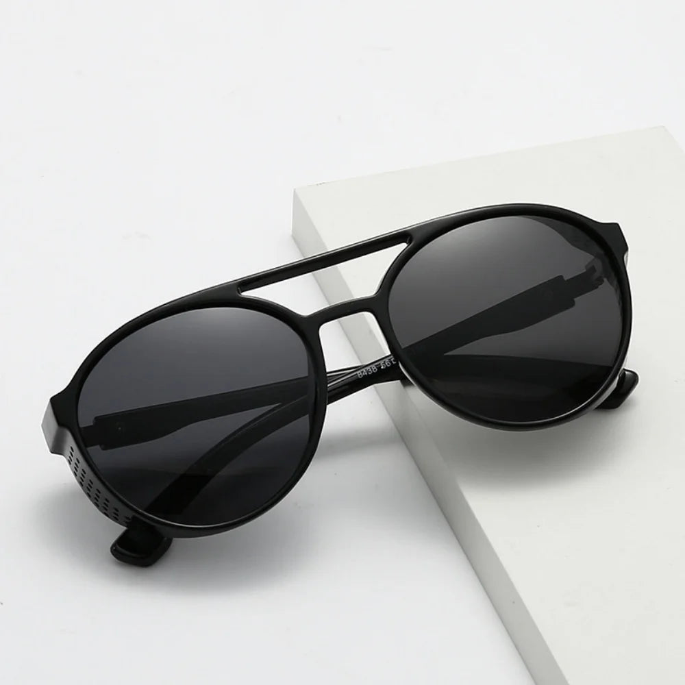 Men Women Polarized Sunglasses Steampunk Sports Sun Glasses Round Frame Eyewear with Side Shield UV400 Protection Driving Shades