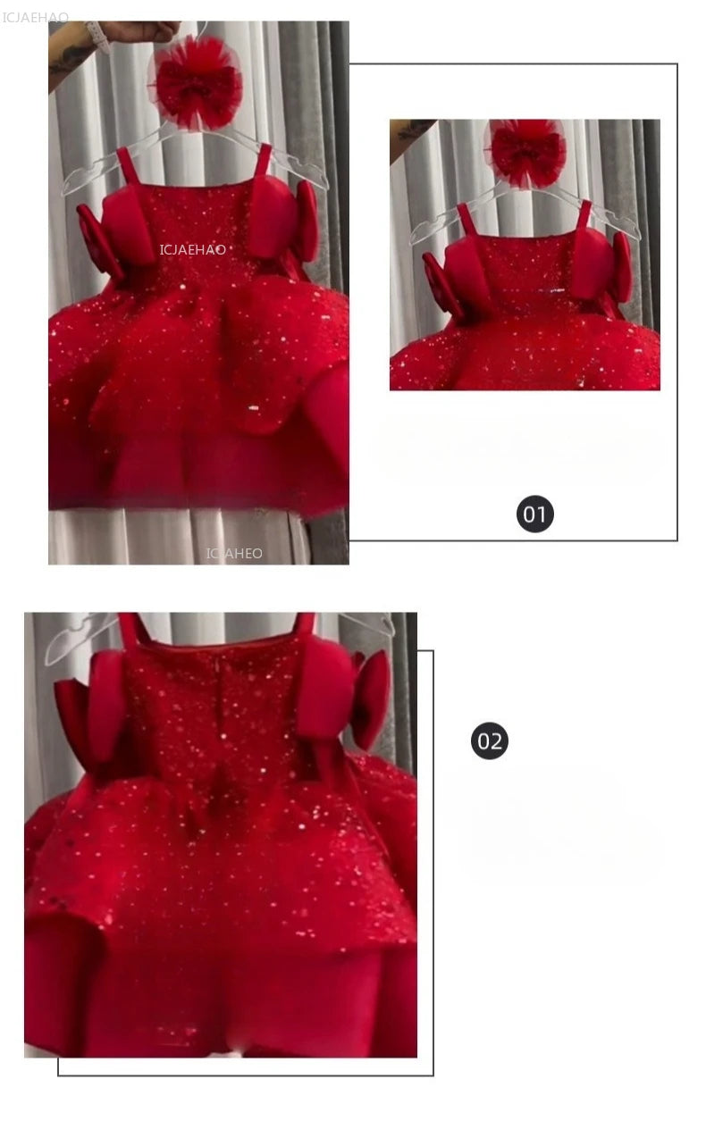 New Children Girls Red Sequin Party Dress Puffy Tulle Princess Gown for Kids Birthday Christmas Celebration Pageant Formal Wear