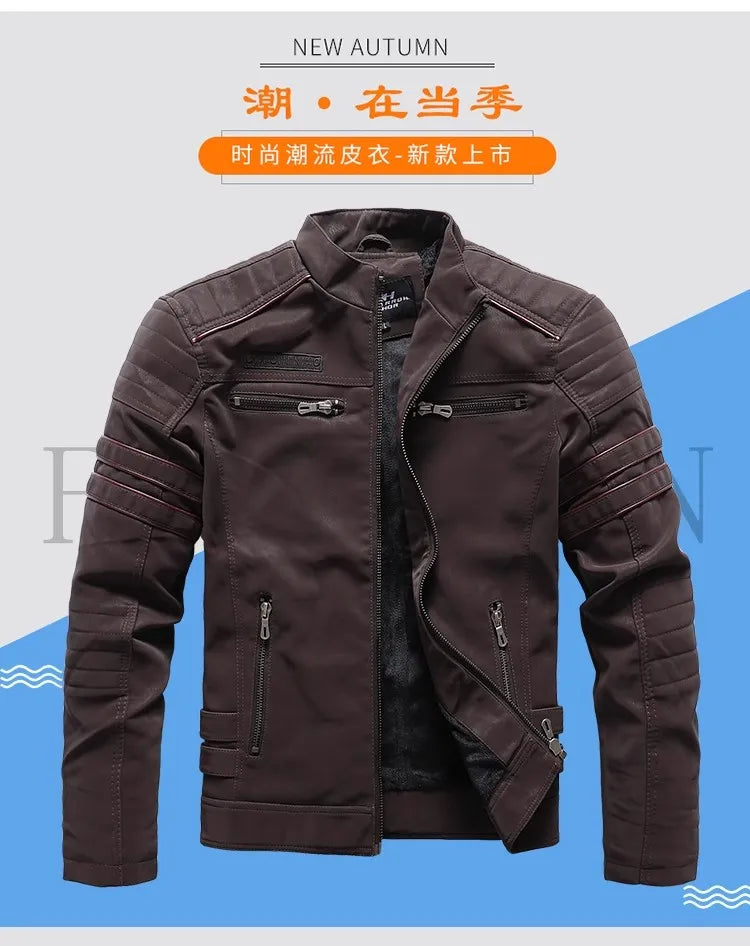 New Pilot Jackets Men's PU Jacket Fashion Casual Stand Collar Motorcycle Coats Trend Men Embroider Windbreak Warm Leather Jacket