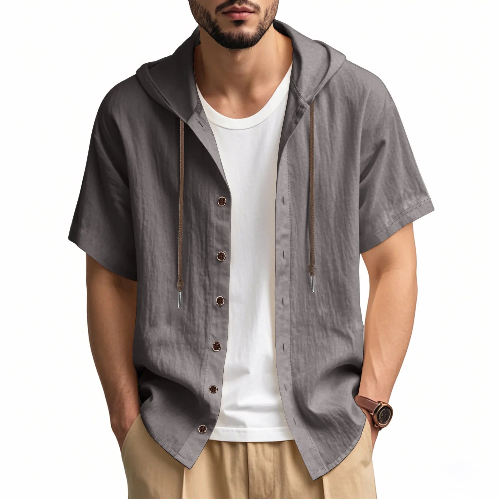 American Summer Men's Thin Breathable Linen Ami Kaji Loose Hooded Short-sleeved Shirt Men