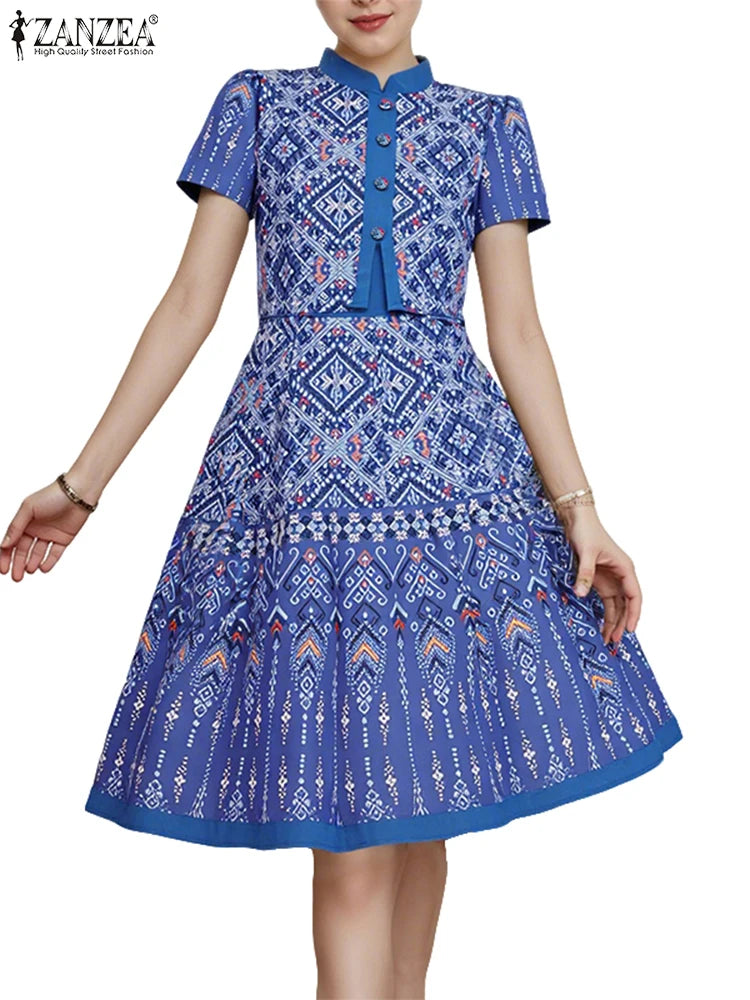 ZANZEA Vintage Geometric Print A-Line Dress Women Fake Two-Piece Stand Collar Short Sleeve Knee-Length Robes Holiday Vestidos