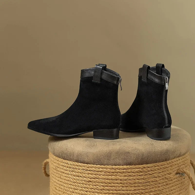 Women's Vintage Chunky Heel Ankle Boots Autumn Winter New Pointy Square Head Suede Back Zipper Soft Sole Non-slip Short Boots