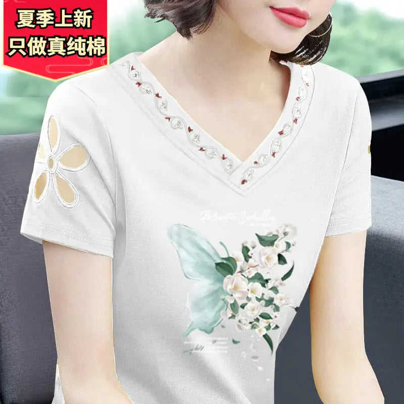 Simplicity Office Lady Summer New Pure Cotton Women's Solid V-Neck Embroidered Fashion Casual Loose Short Sleeve T-Shirts Tops