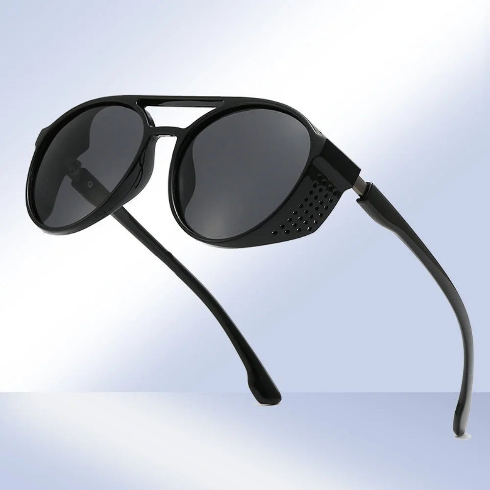 Men Women Polarized Sunglasses Steampunk Sports Sun Glasses Round Frame Eyewear with Side Shield UV400 Protection Driving Shades