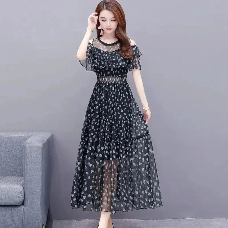 Mesh Chiffon Floral Print Dress Women 2024 New Summer Bohemian Beach Dress Long Off Shoulder Sexy Lady Party Dresses Vestidos