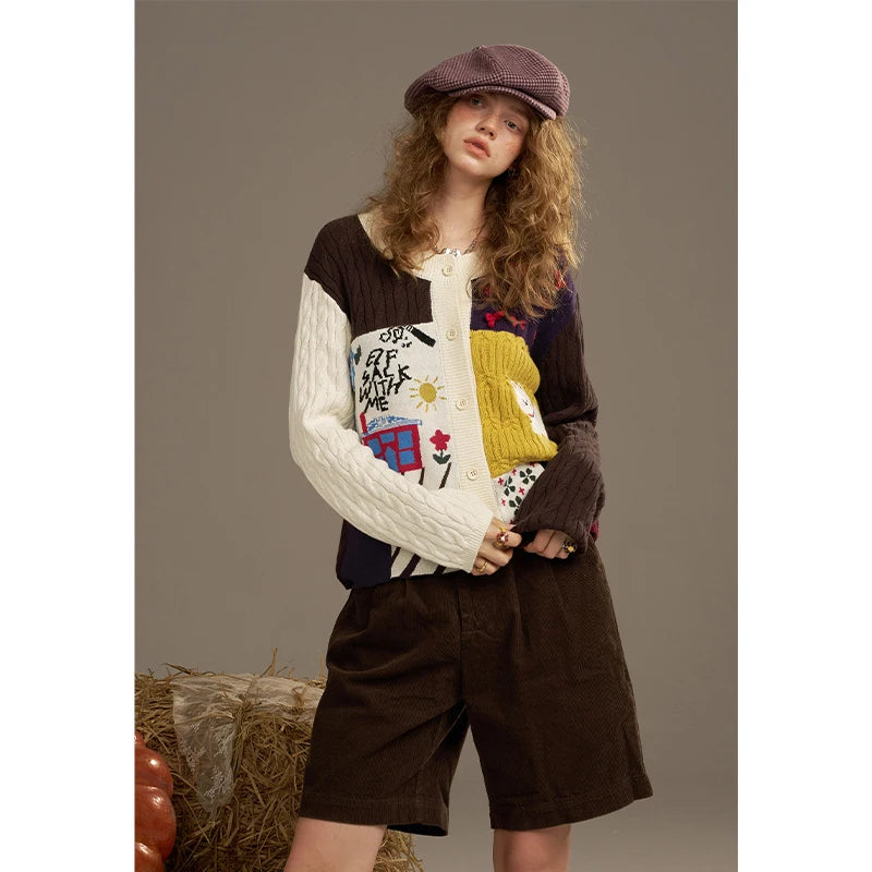 ELFSACK 2025 Autumn New Arrivals Casual Cute Color Block Puppy Cartoon Embroidery Cardigan Sweater For Woman