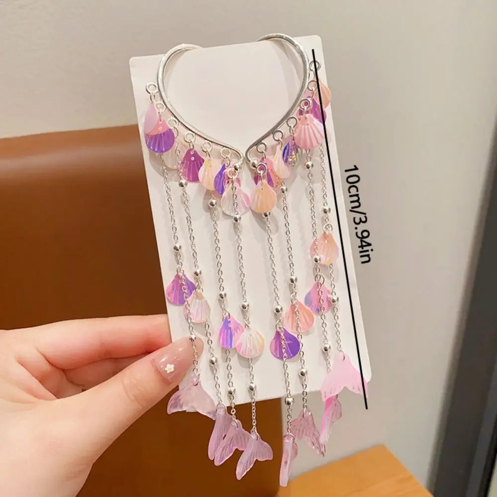 Cute Children Mermaid Pearl Hair Clip Princess Tassel Forehead Chain Tassel Bow Accessories
