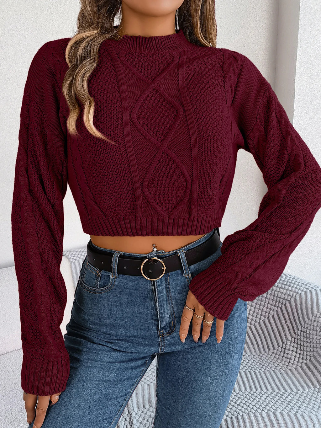 Autumn Winter Solid Color Round Neck Women Sweaters 2026 Casual Cable Knitted Long Sleeve Pullover Gray Army Green Red Crop Tops