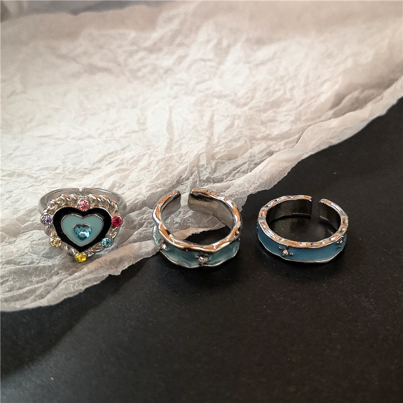Y2K Kpop Crystal Heart Star Adjustable Irregular Geometry Punk Vintage Harajuku Rings Set For Women Girl Fashion Grunge Jewelry