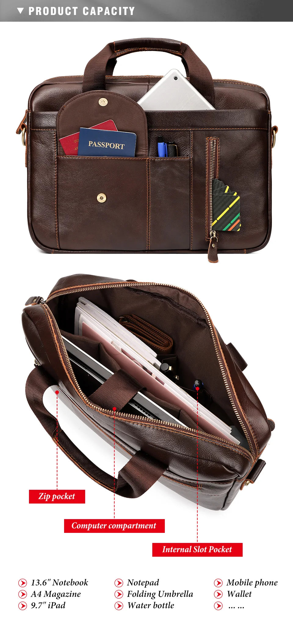 HUMERPAUL Men's Briefcase Bag Top Layer Leather Handcrafted Laptop Bag with Multiple Compartments Business Shoulder Messenger