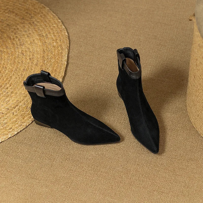 Women's Vintage Chunky Heel Ankle Boots Autumn Winter New Pointy Square Head Suede Back Zipper Soft Sole Non-slip Short Boots