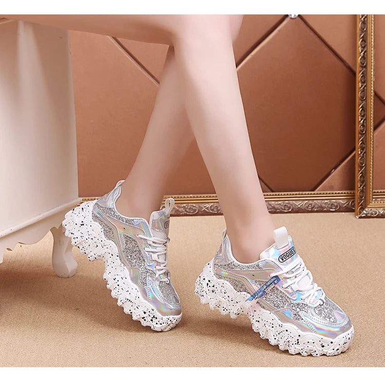 Comemore Women New Bling Platform Sneakers for Girls Casual Chunky Sneaker 6cm Thick Bottom Sports Shoes Platform Red Silver 40