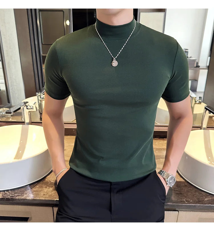 Spring Summer Men's Half High Neck Short Sleeve T-shirt Korean Slim Fit Solid Color Bottom Shirt Casual Cotton Elastic T-shirts