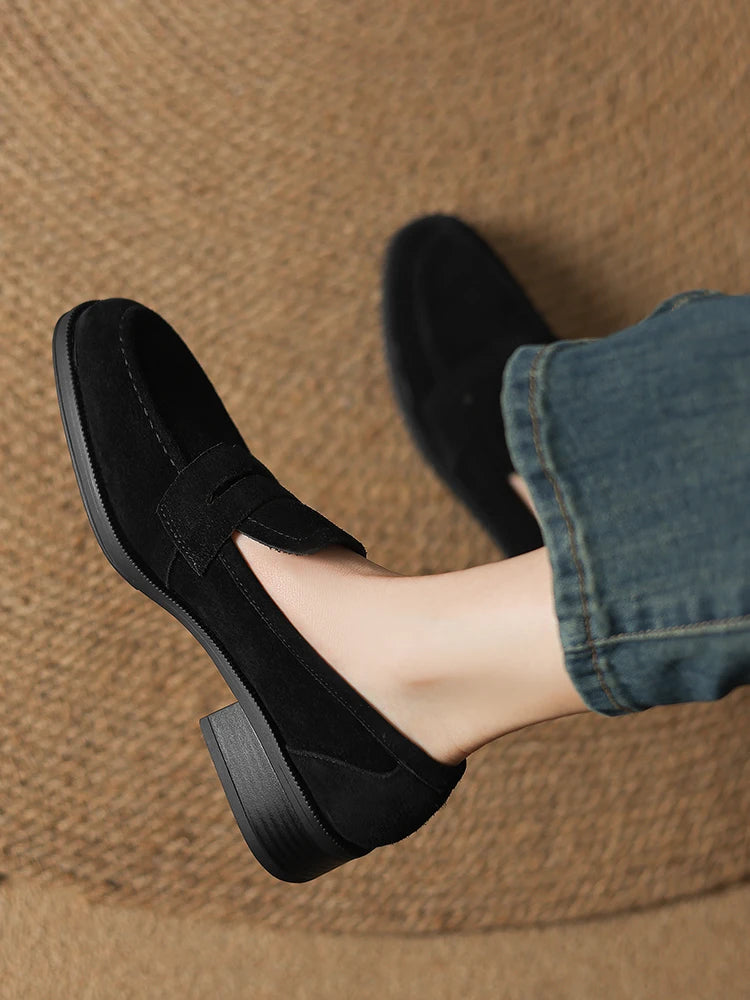 2025 NEW Trend Women Loafers Natural Suede Spring Autumn Ladies Low Block Heels Elegant Round Toe Black Brown Splicing Loafers