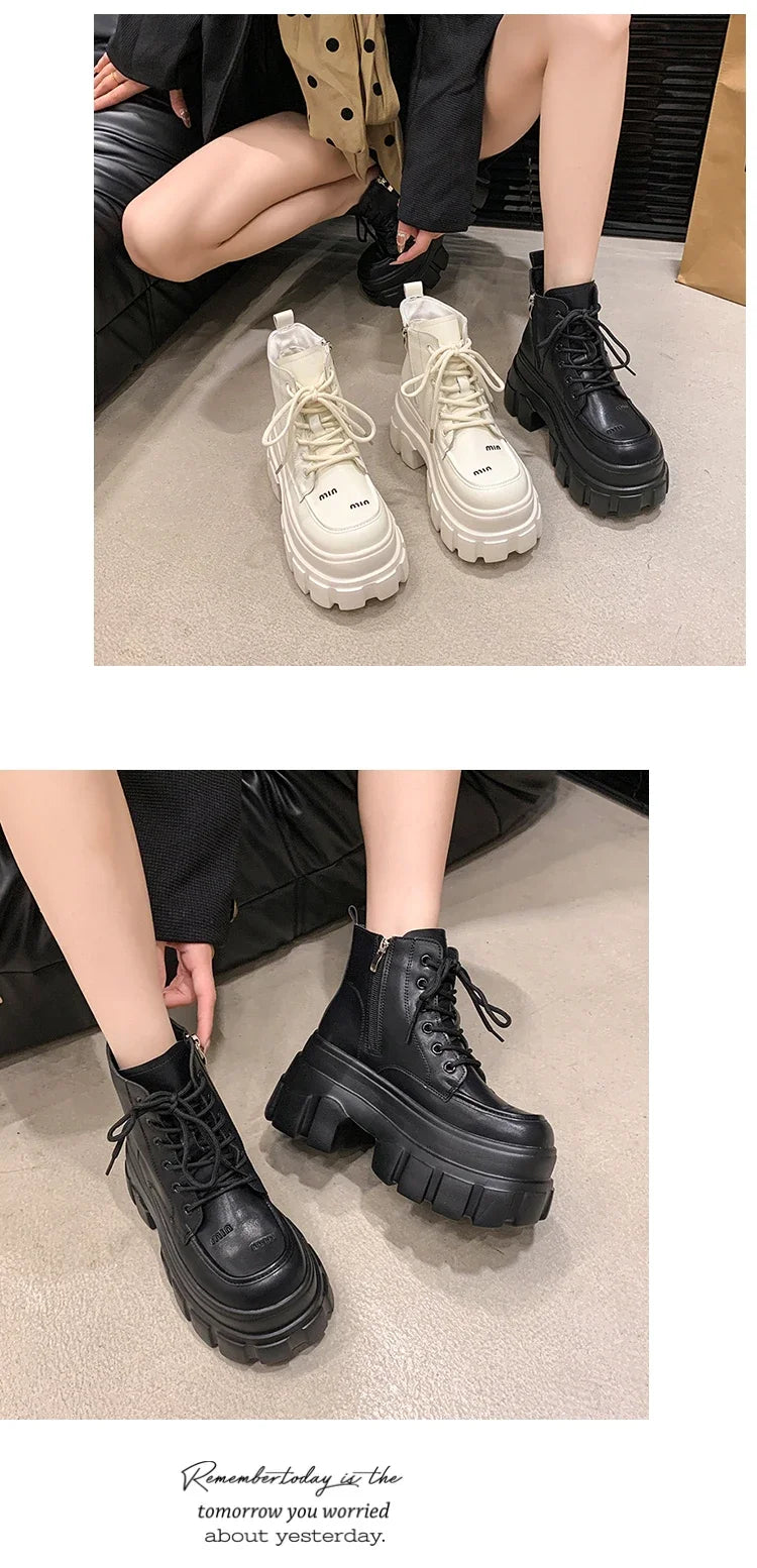 9CM Autumn High Platform Leather Boots Wedge Heels Ankle Boots Winter Women Lace-up Warm Shoes Motorcycle Chunky Sneakers Woman