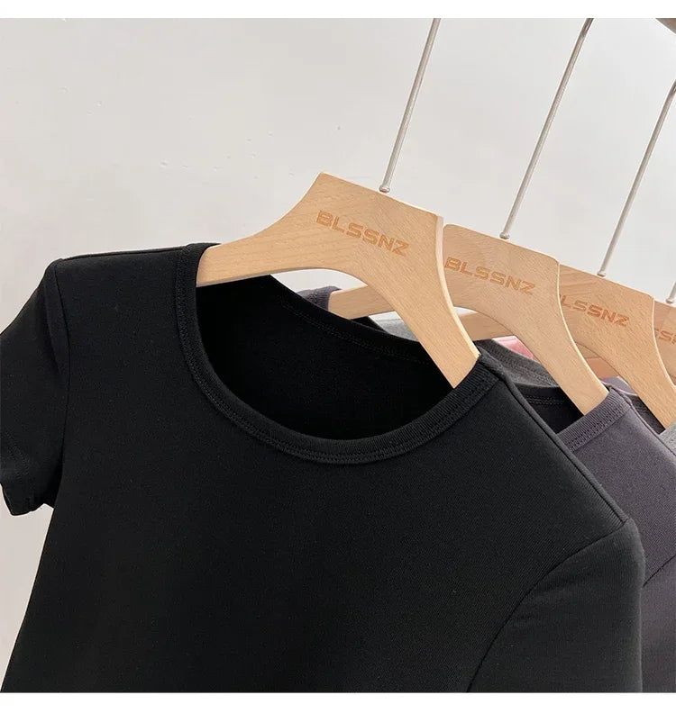 AOSSVIAO 2026 Summer White Cotton O Neck T-shirt Student Short Sleeve Versatile Tops Solid Slim Fit T Shirts Y2k Tee