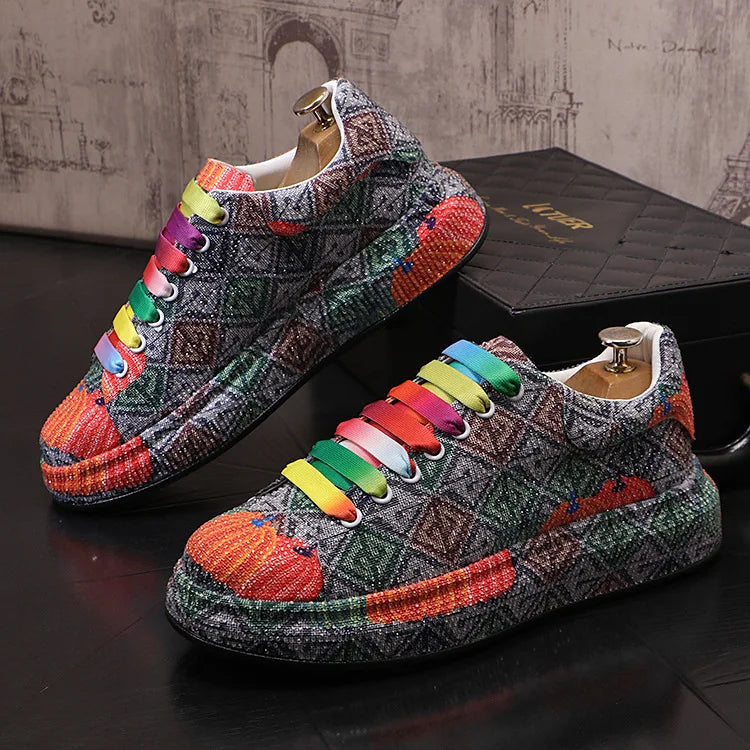 Sneakers Casual Mens Designer Bling Graffiti Board Shoes Fashion Microfiber Leather Breathable Increased Internal Platform Shoes
