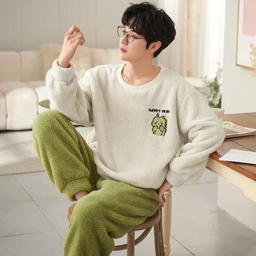 2024 Winter Men Fleece Casual Long Sleeve Pajamas Set Coral Velvet Cute Cartoon Sleepwear Male Plush Thicken Warm Homewear