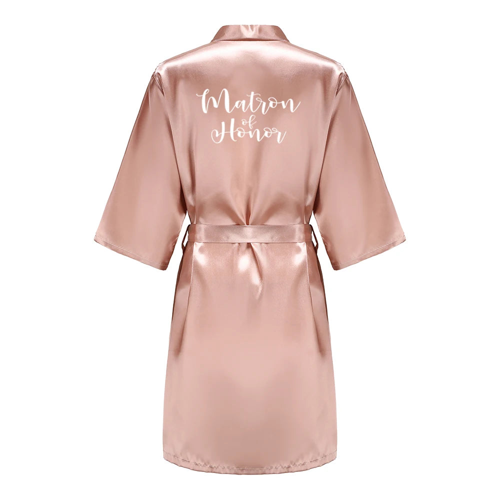 Women's Satin Kimono Robes With White Letter Bride Bridesmaid Short Getting Ready Wedding Dressing Gown
