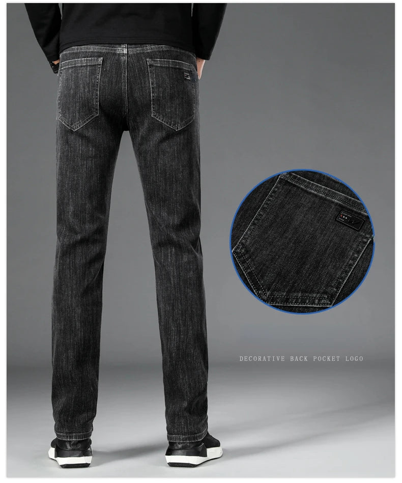 2025 New Autumn Men's Stretch Slim Jeans Straight Leg Casual Denim Trousers Male Business High Quality Classic Blue Gray Black