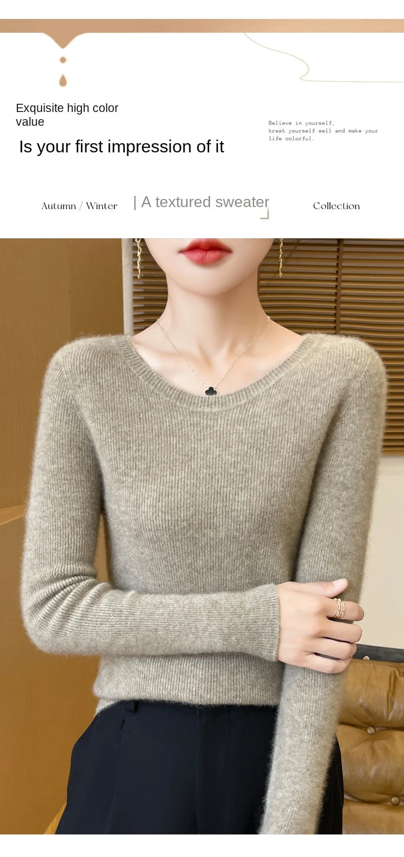 Early Fall New Crew-Neck Sweater Elegant High Elastic Simple Solid Color Thin Knit Crew-Neck Sweater Long Sleeve-GH458