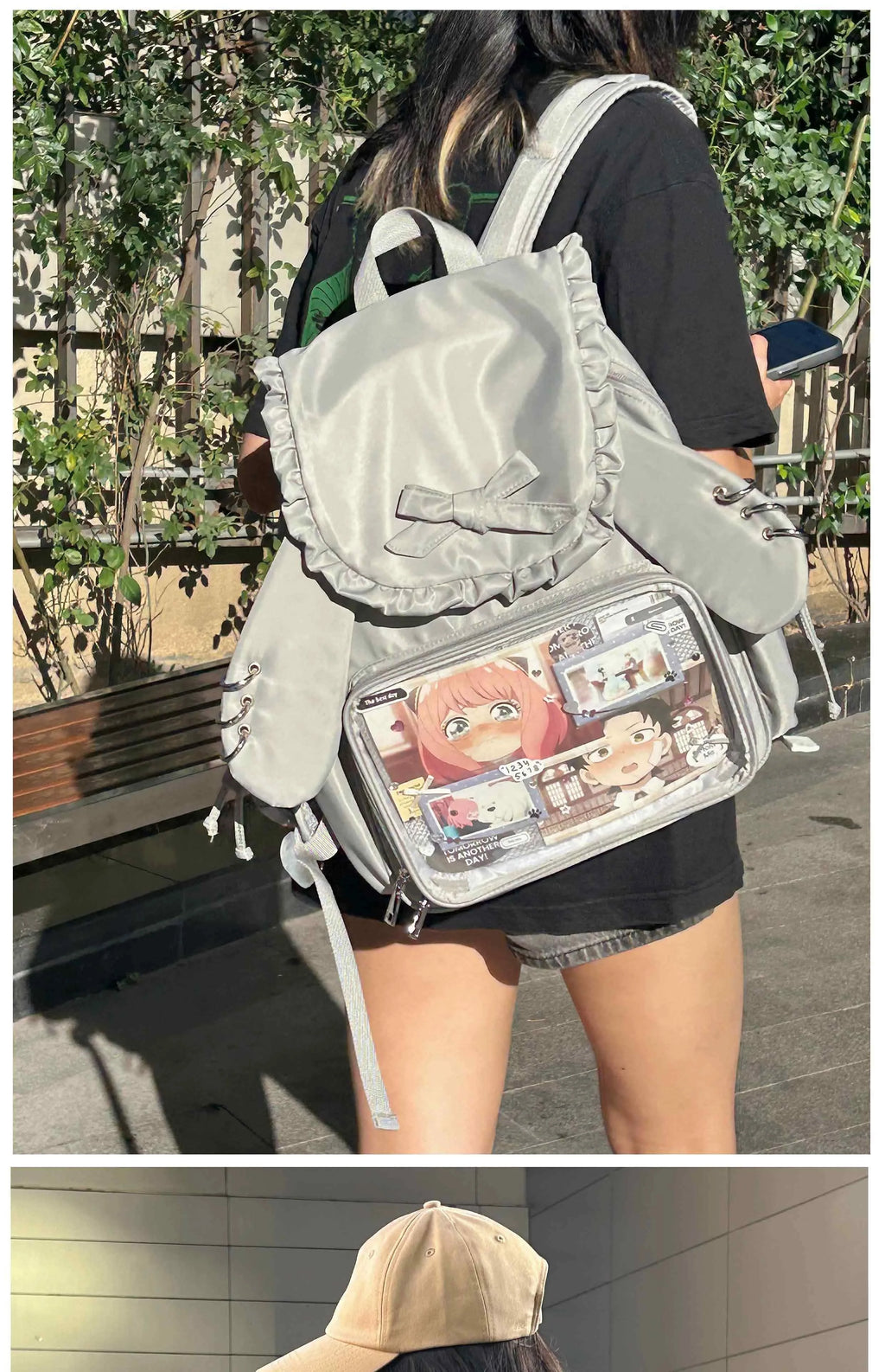 Original Two-dimensional Cute Transparent Large-capacity Backpack Women Sweet Bow Rabbit Ears Bags Preppy Style Kawaii Backpacks