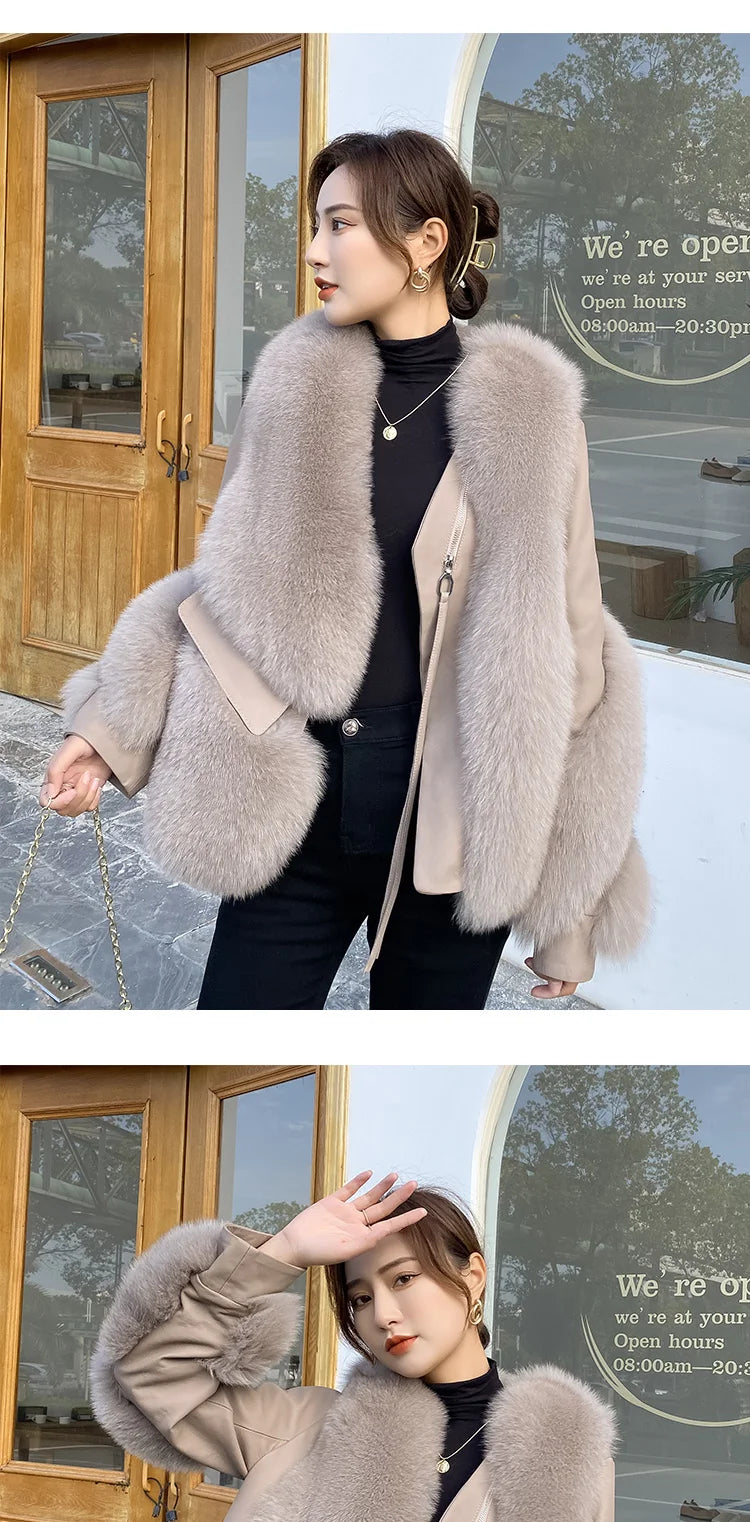OFTBUY 2022 Real Fur Coat Winter Jacket Women Natural Fox Fur Genuine Leather Outerwear  Streetwear Locomotive Thick Warm New