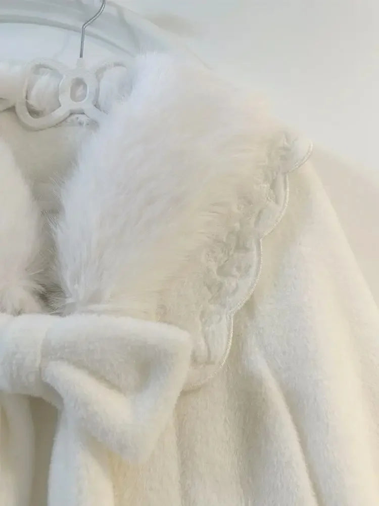 Harajuku Sweet Cute Lolita Coat Women Long Sleeve Mid-length Loose Tops Mujer Furry Lapel Neck Lace Bow White Jackets